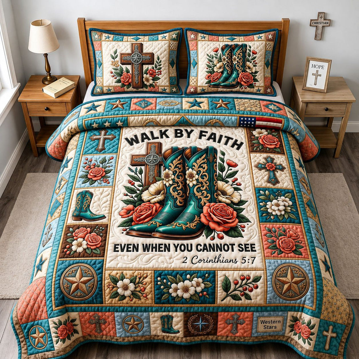 Walk by Faith quilted 3-piece bedding set on a made bed in a softly lit bedroom
