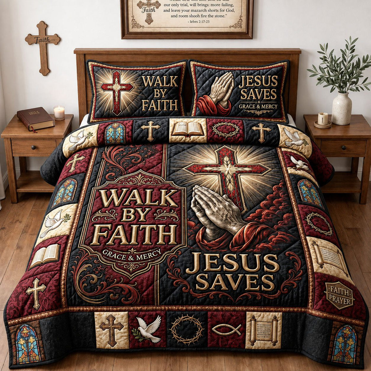Walk by Faith quilted 3-piece bedding set on a made bed in a softly lit bedroom