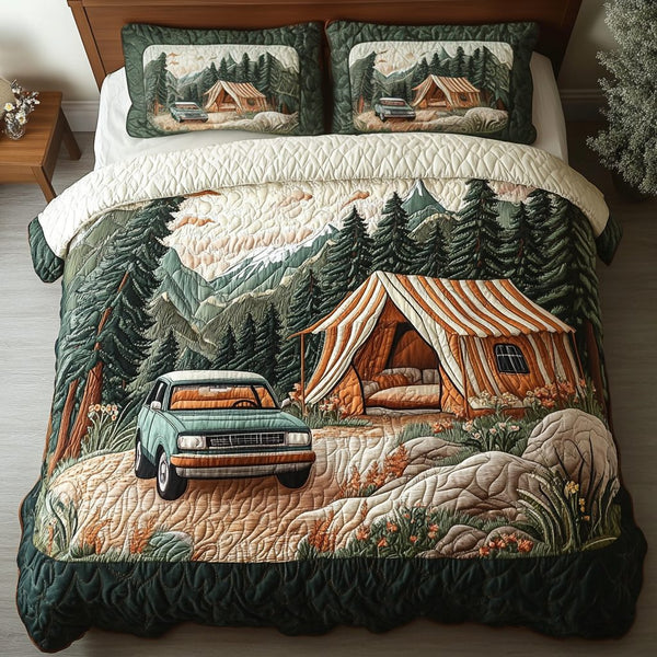 Wander Bed quilted 3-piece bedding set on a made bed with two matching pillow shams