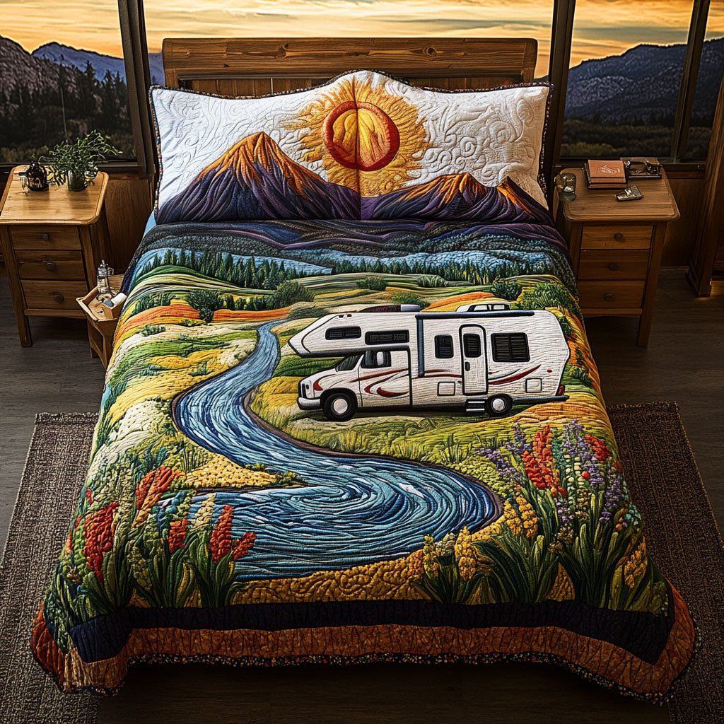 Wander On Wheels quilted 3-piece bedding set on a made bed with two matching pillow shams