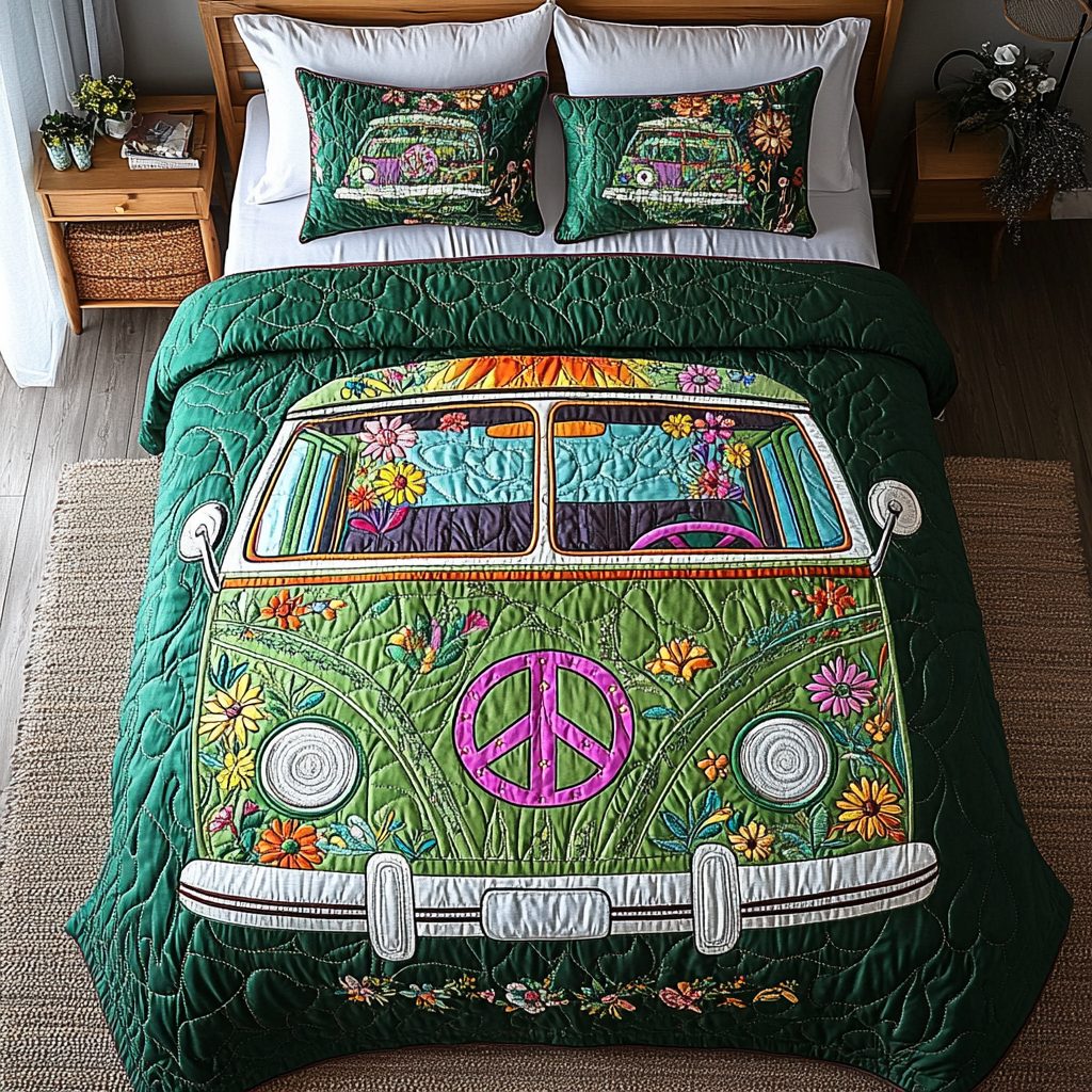 Wander Van quilted 3-piece bedding set on a made bed with two matching pillow shams