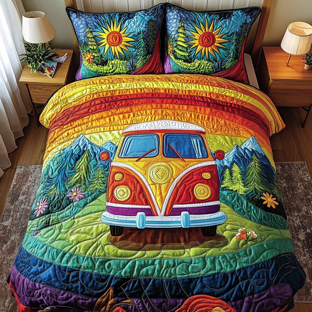 Wanderlust Wheels quilted 3-piece bedding set on a made bed with two matching pillow shams