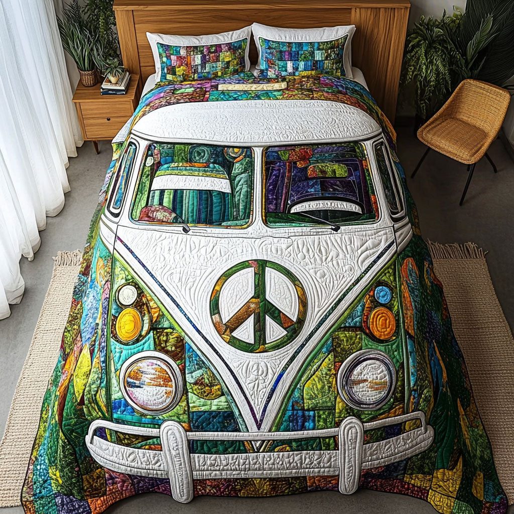 Wanderlust Wheels quilted 3-piece bedding set on a made bed with two matching pillow shams