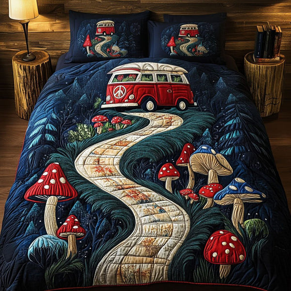 Wanderlust Wonderland quilted 3-piece bedding set on a made bed with two matching pillow shams