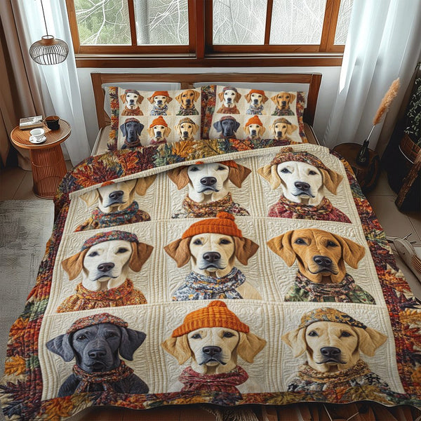 Warm And Fuzzy Labrador quilted 3-piece bedding set on a made bed with two matching pillow shams