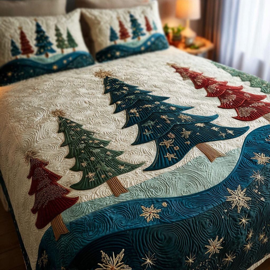 Warm Cabin quilted 3-piece bedding set on a made bed with two matching pillow shams