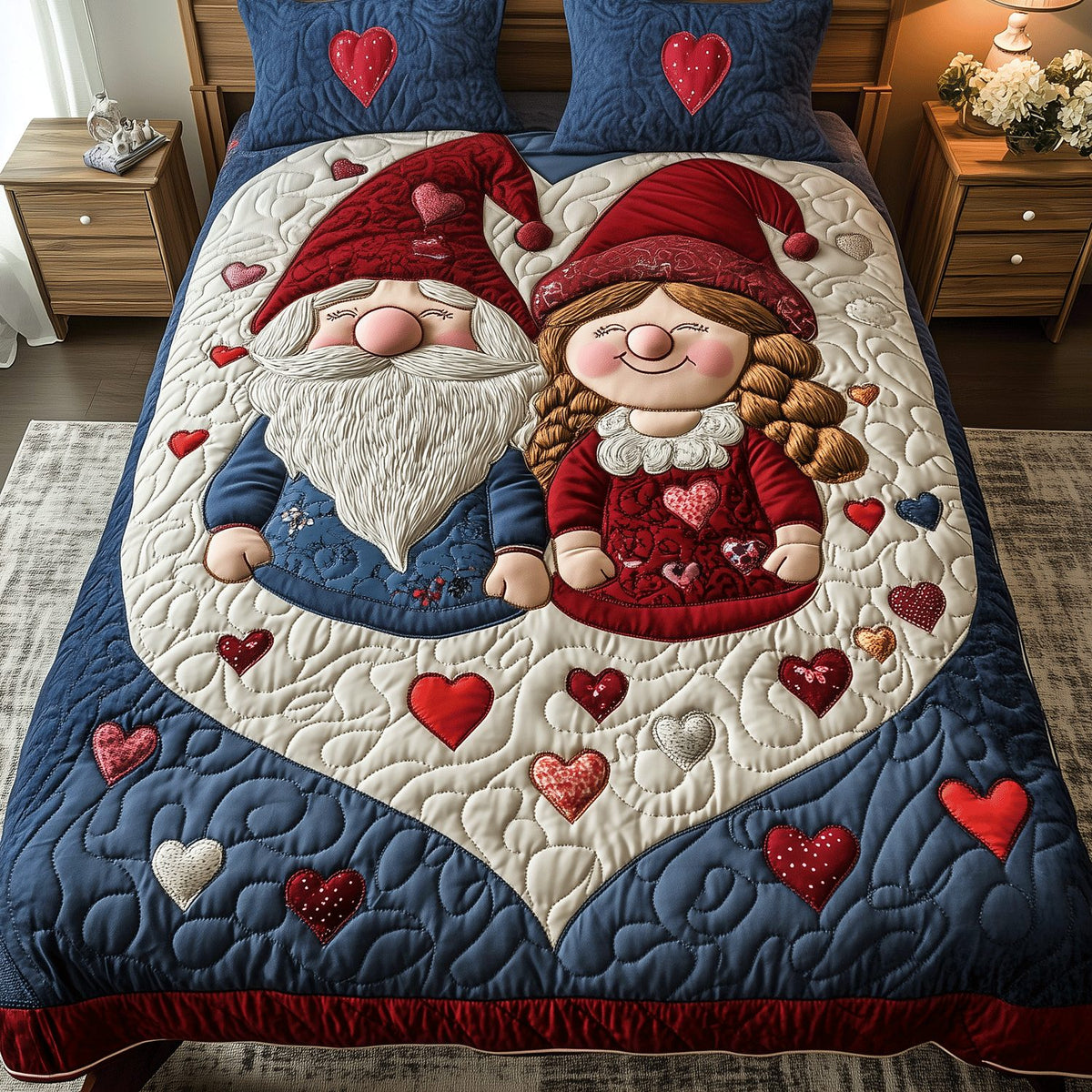 Warm Hearts Couple quilted 3-piece bedding set on a made bed with two matching pillow shams