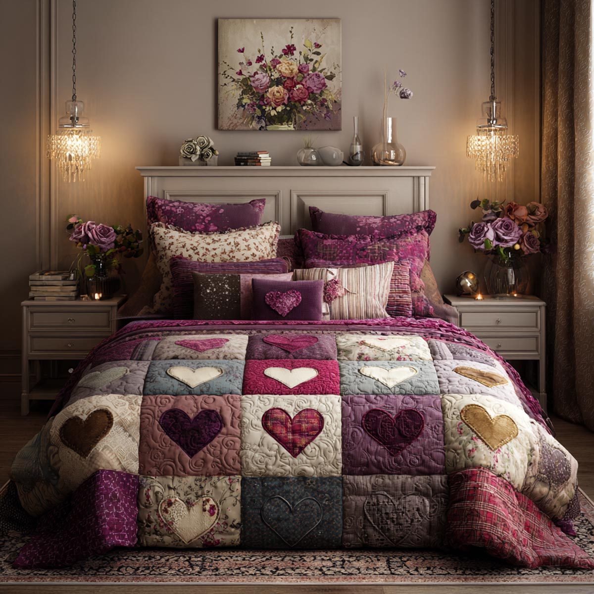 Warm Hearts quilted 3-piece bedding set on a made bed with two matching pillow shams