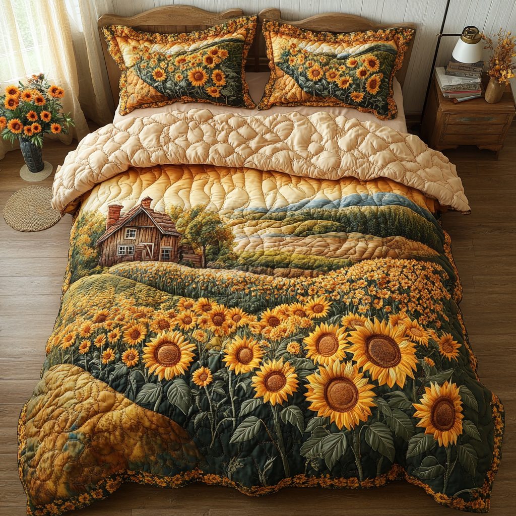 Warm Horizon quilted 3-piece bedding set on a made bed with two matching pillow shams