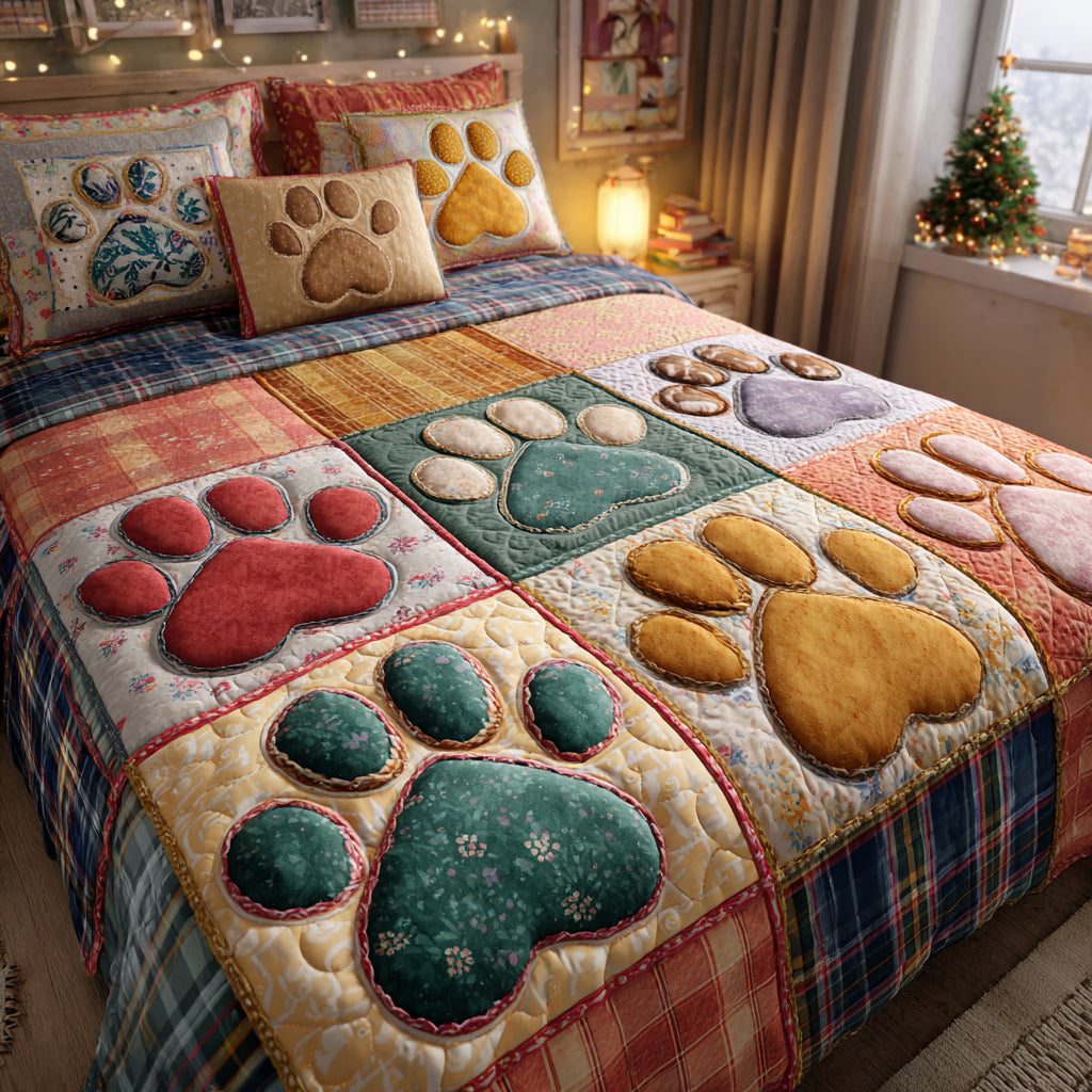 Warm Paw Lane quilted 3-piece bedding set on a made bed with two matching pillow shams
