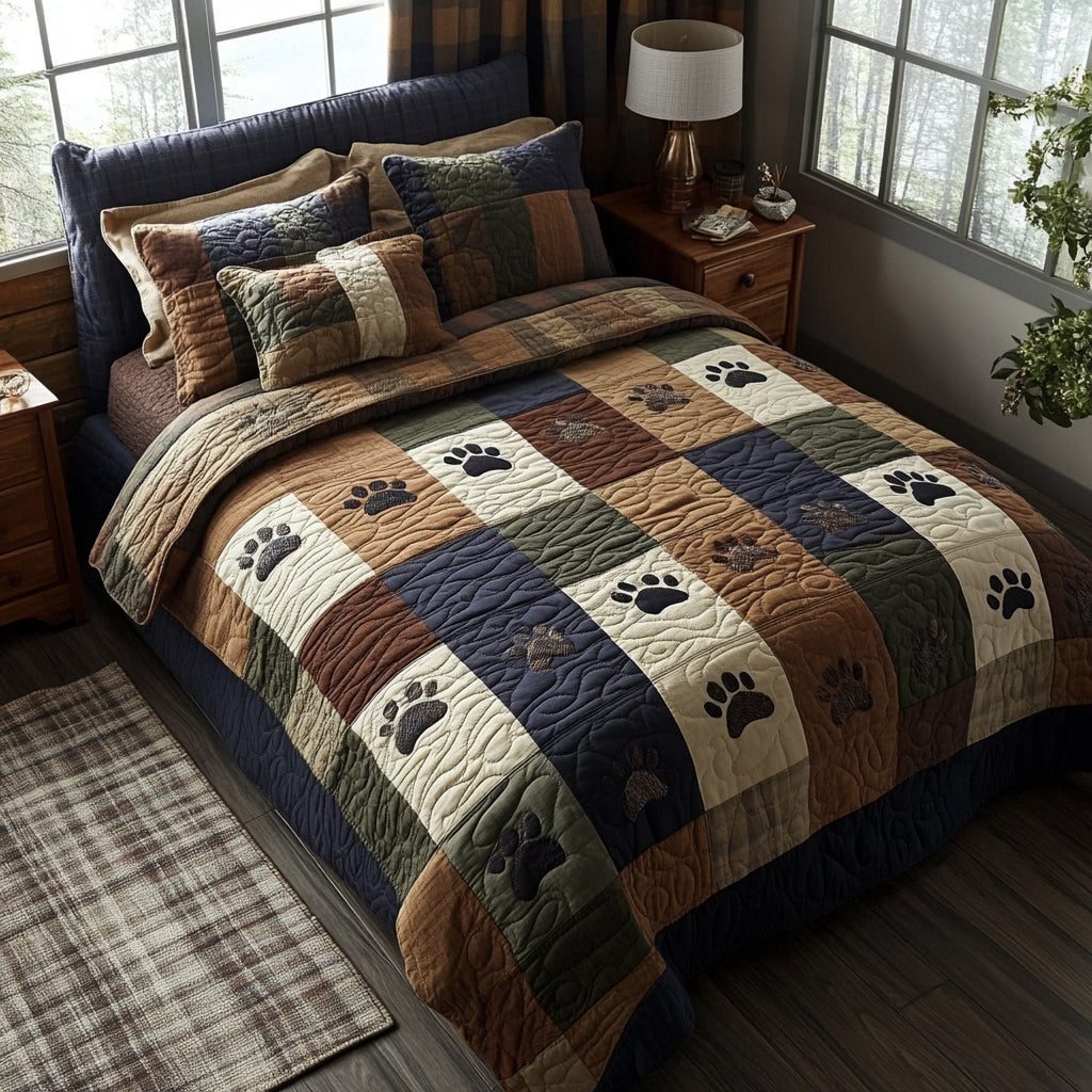 Warm Timber Paws quilted 3-piece bedding set on a made bed with two matching pillow shams