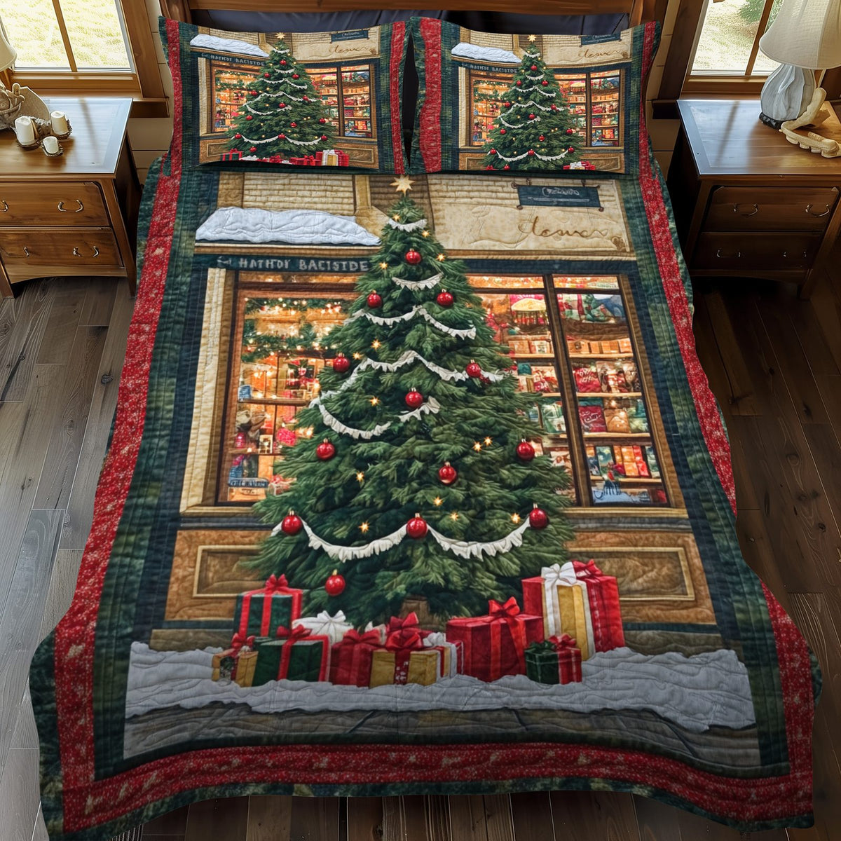 Warm Winter Wishes quilted 3-piece bedding set on a made bed in a winter-styled bedroom