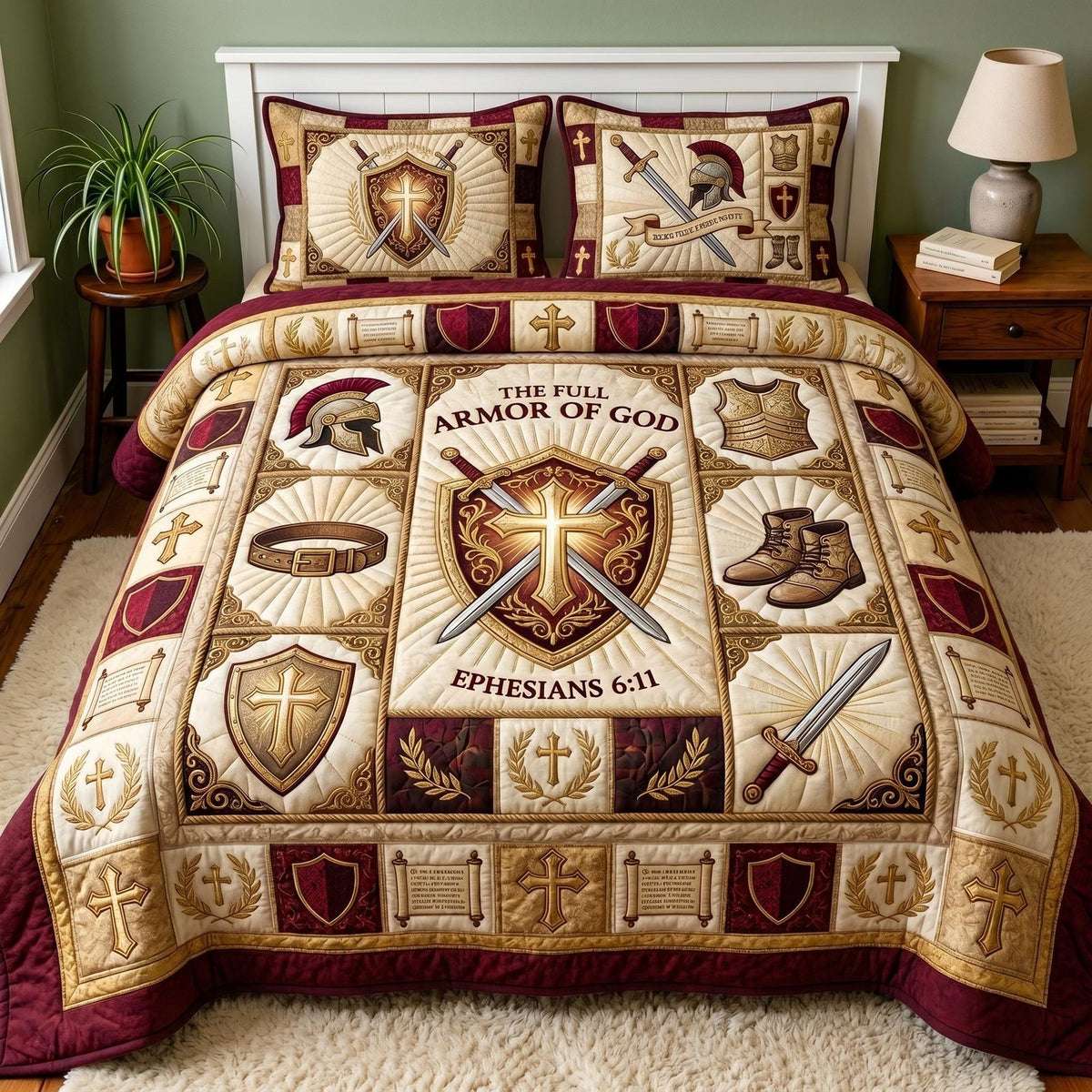 Warrior Faith quilted 3-piece bedding set on a made bed in a softly lit bedroom