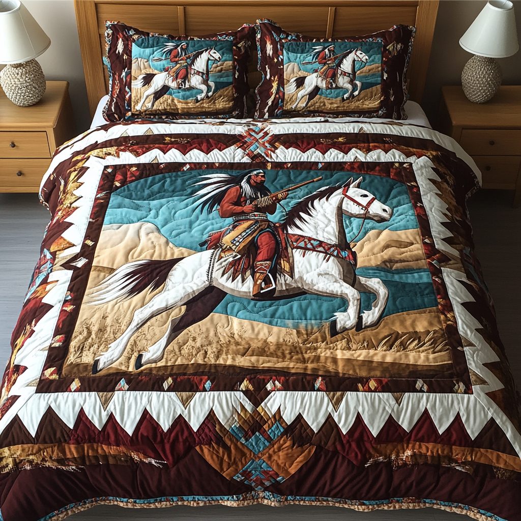 Warrior Honor quilted 3-piece bedding set on a made bed in a warmly lit bedroom
