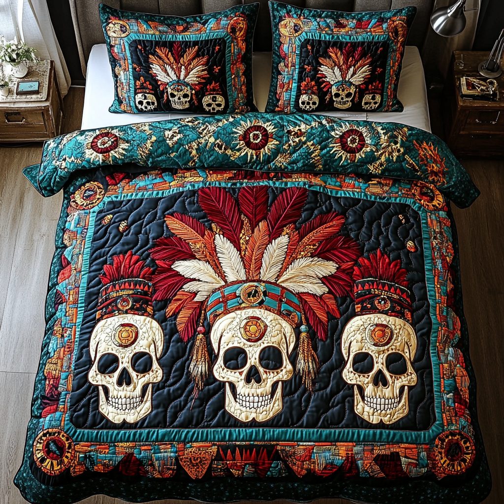 Warrior Legacy quilted 3-piece bedding set on a made bed with two matching pillow shams