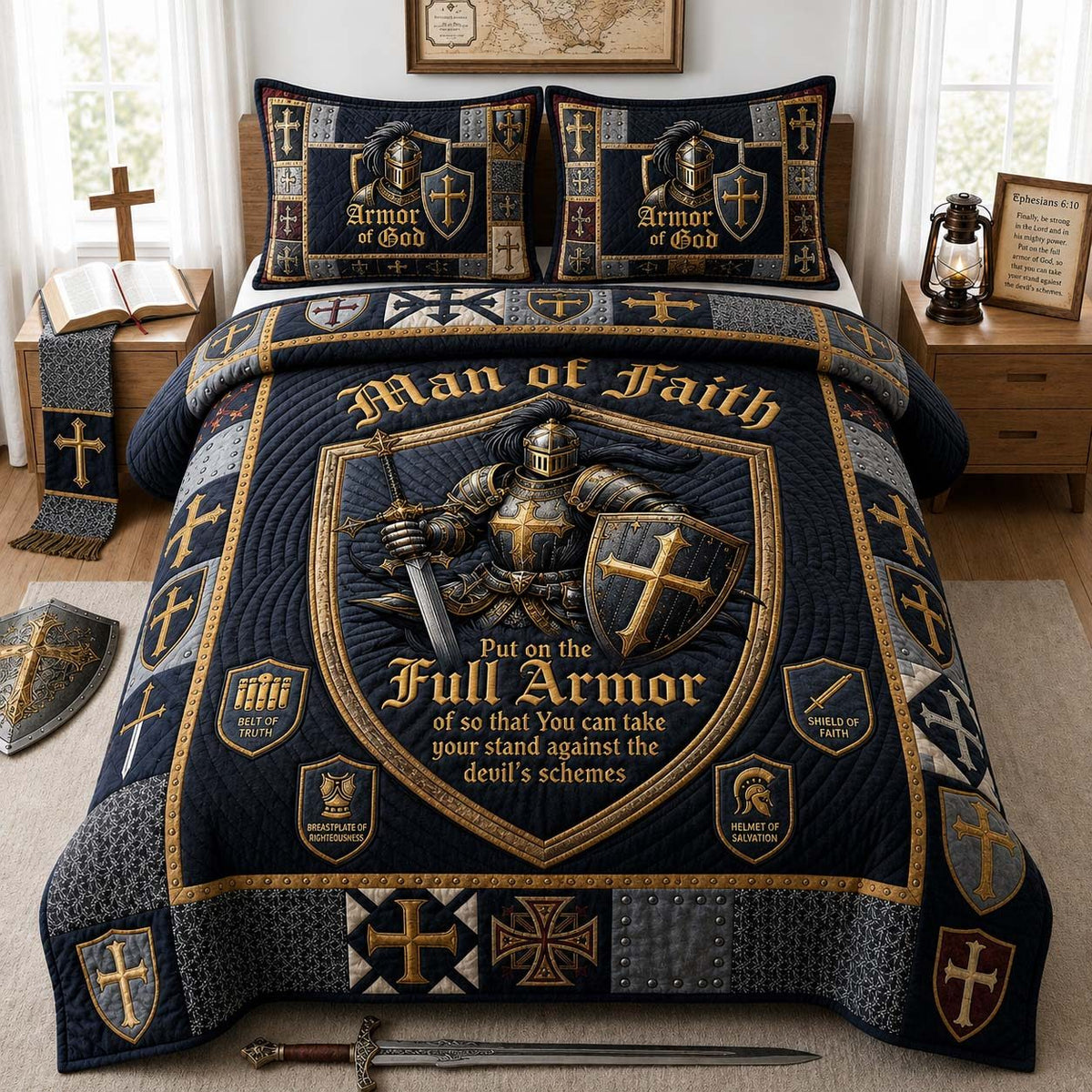 Warrior Stained Glass quilted 3-piece bedding set on a made bed with two matching pillow shams