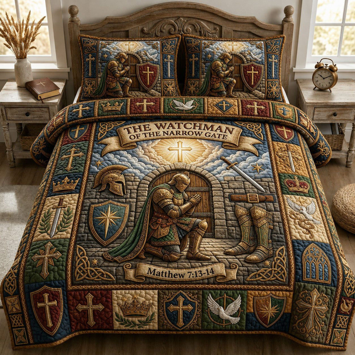 Watchman Of Narow Gate quilted 3-piece bedding set on a made bed with two matching pillow shams
