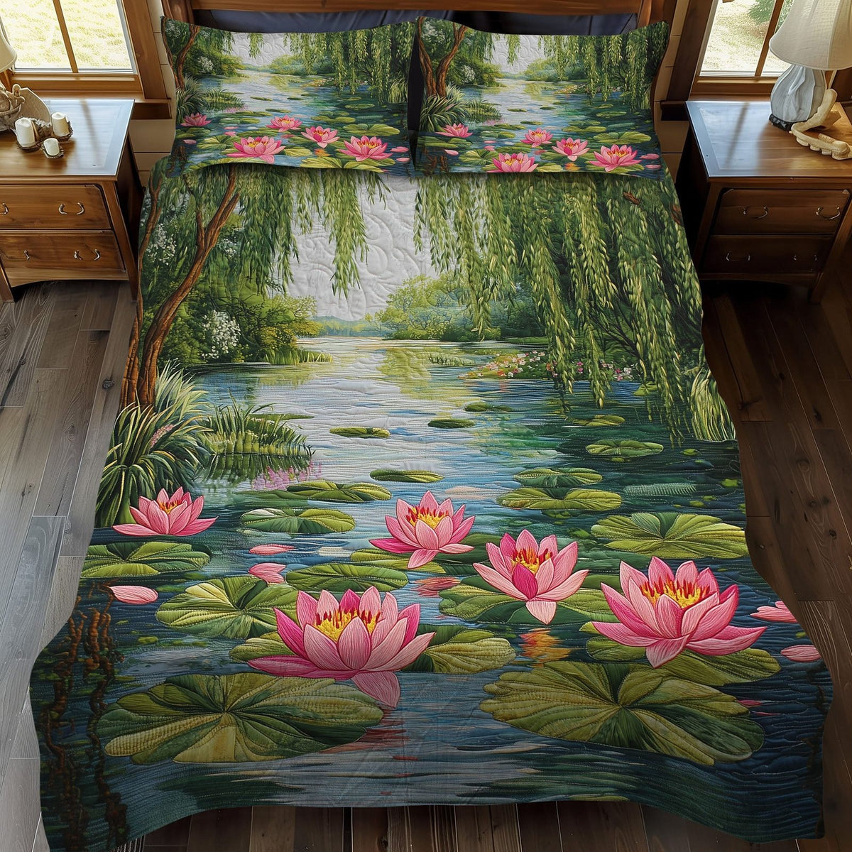 Water Blossom quilted 3-piece bedding set on a made bed with two matching pillow shams