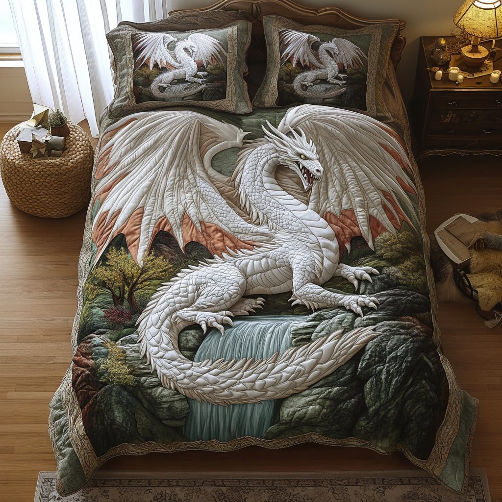 Waterfall Dragon quilted 3-piece bedding set on a made bed with two matching pillow shams