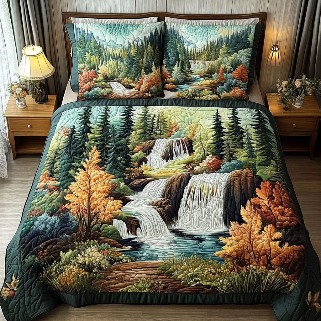 Waterfall Serenity quilted 3-piece bedding set on a made bed with two matching pillow shams