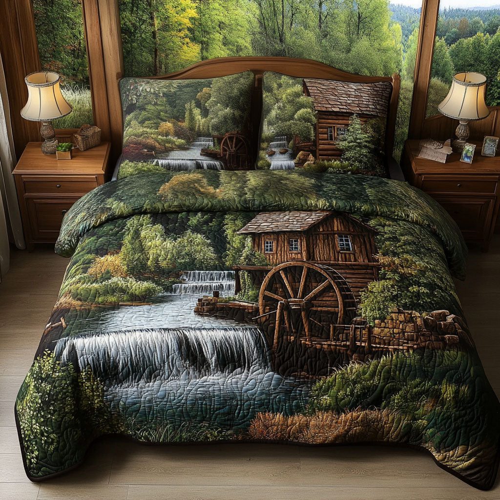 Watermill Serenity quilted 3-piece bedding set on a made bed with two matching pillow shams
