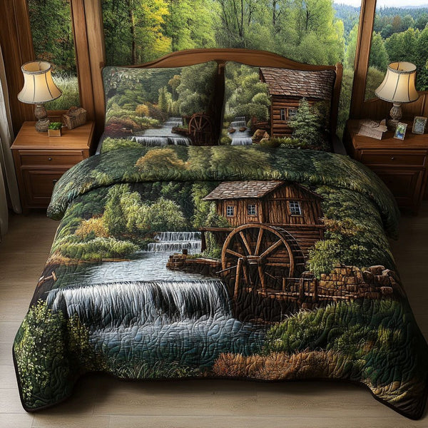 Watermill Serenity quilted 3-piece bedding set on a made bed with two matching pillow shams