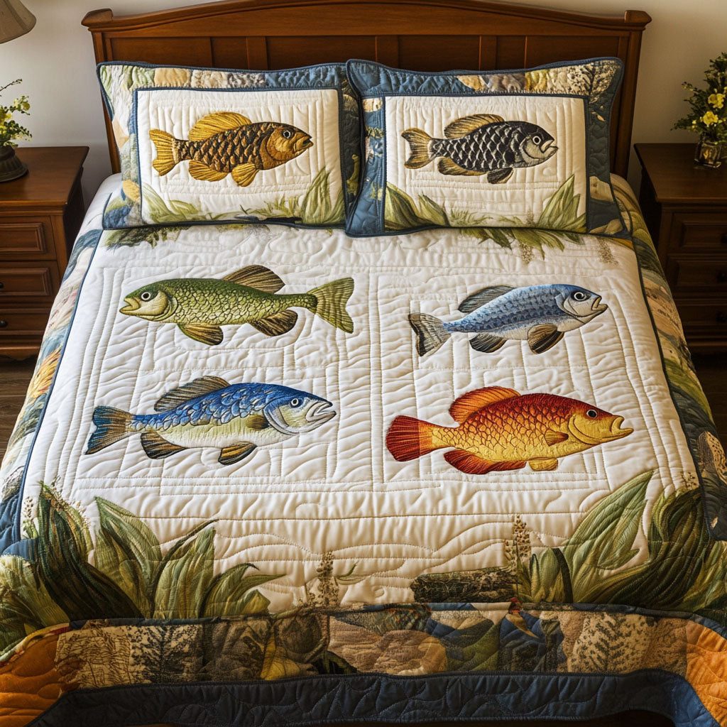 Waterside Joy quilted 3-piece bedding set on a made bed with two matching pillow shams