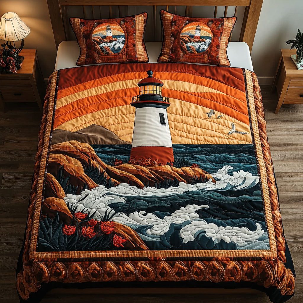 Wave Break quilted 3-piece bedding set on a made bed in a light coastal bedroom