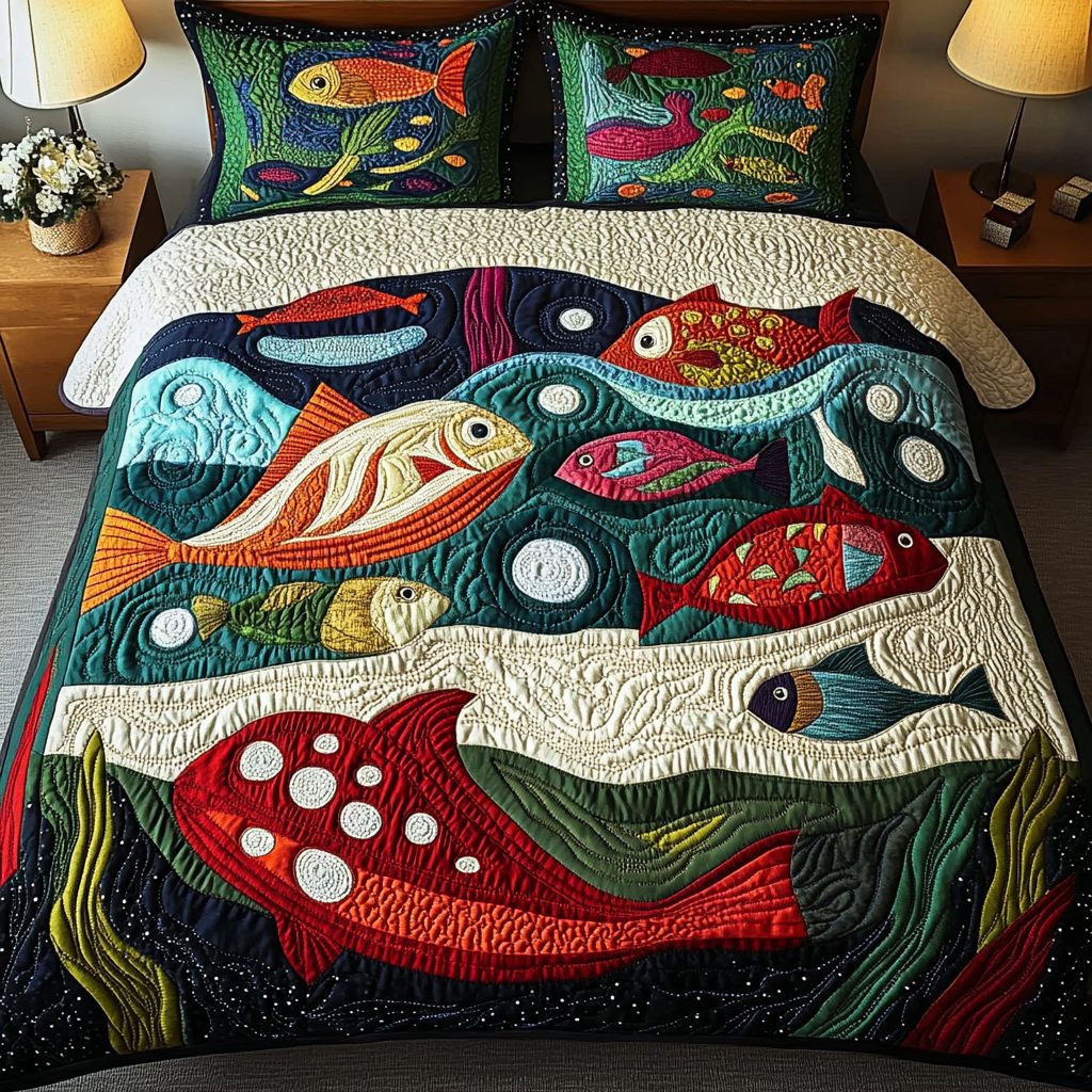 Wave Crest quilted 3-piece bedding set on a made bed in a light coastal bedroom
