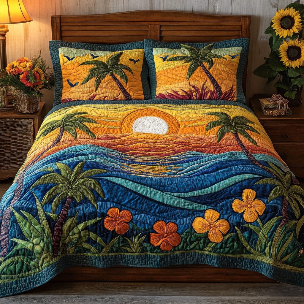 Wave Garden quilted 3-piece bedding set on a made bed in a light coastal bedroom