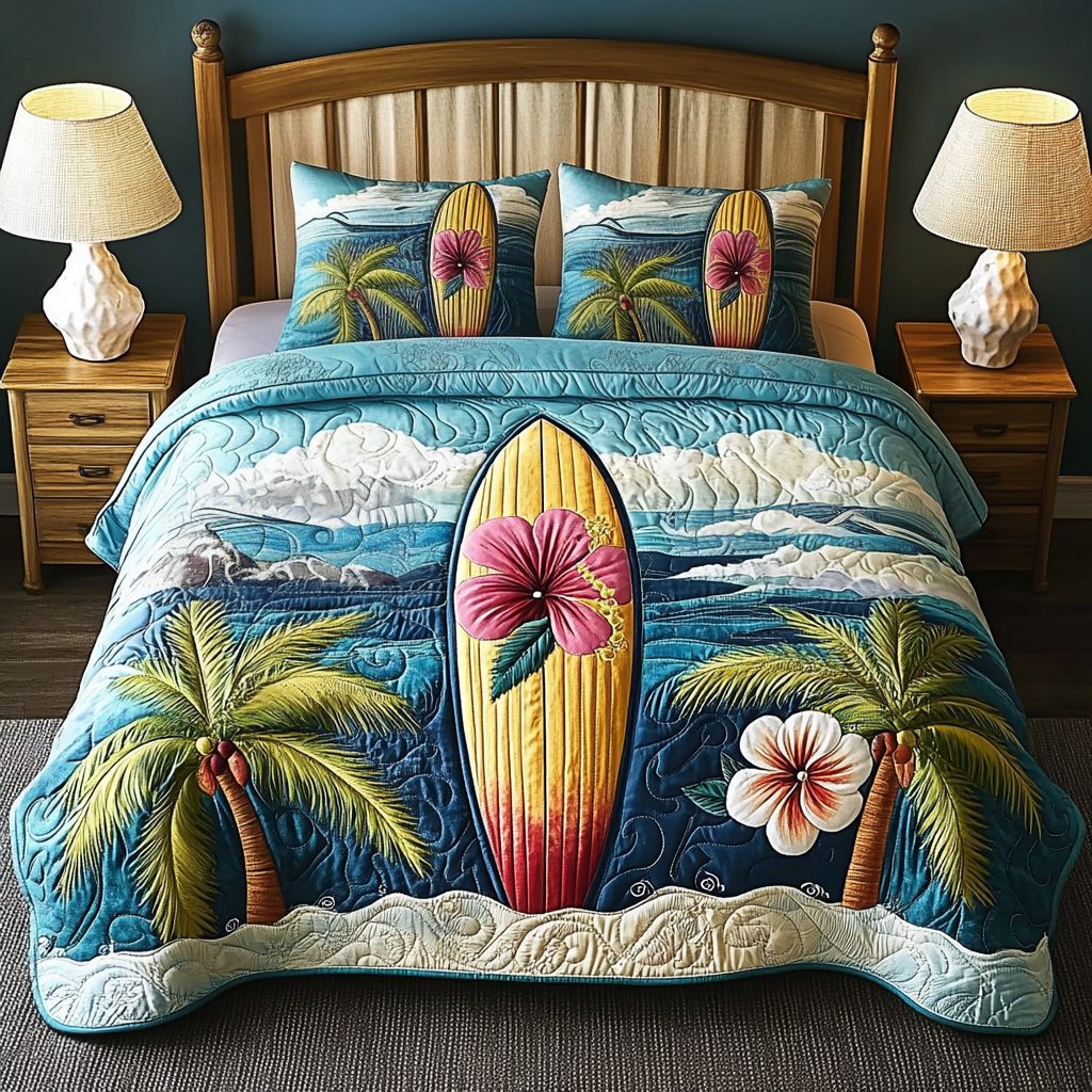 Wave Life quilted 3-piece bedding set on a made bed in a light coastal bedroom