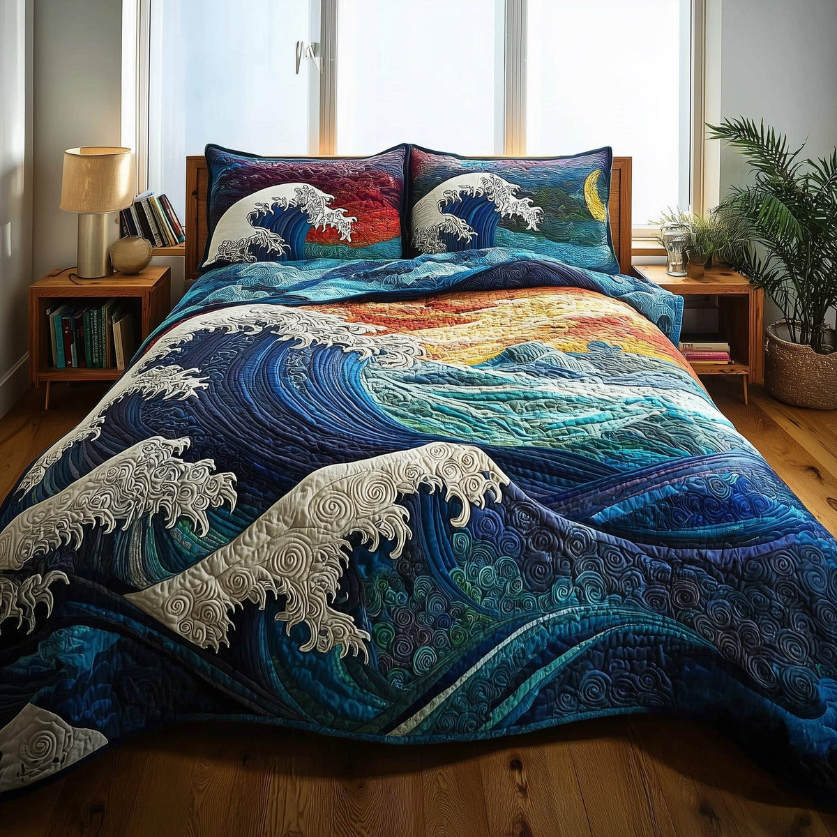 Wave quilted 3-piece bedding set on a made bed in a light coastal bedroom
