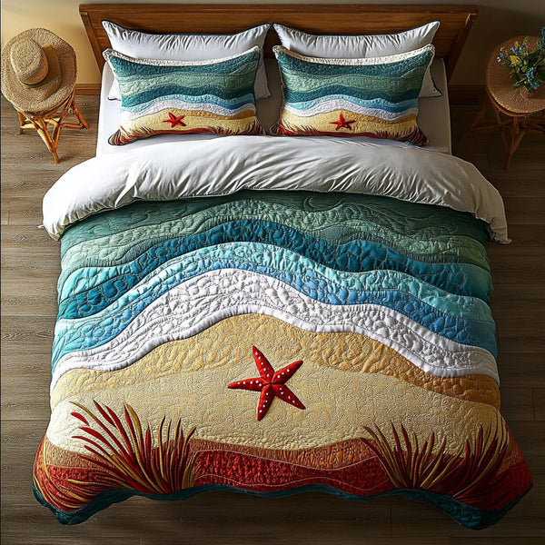 Wave Whisper quilted 3-piece bedding set on a made bed in a light coastal bedroom