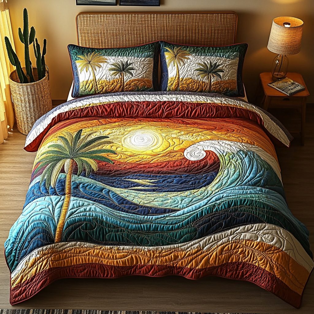Wave Whisper quilted 3-piece bedding set on a made bed in a light coastal bedroom