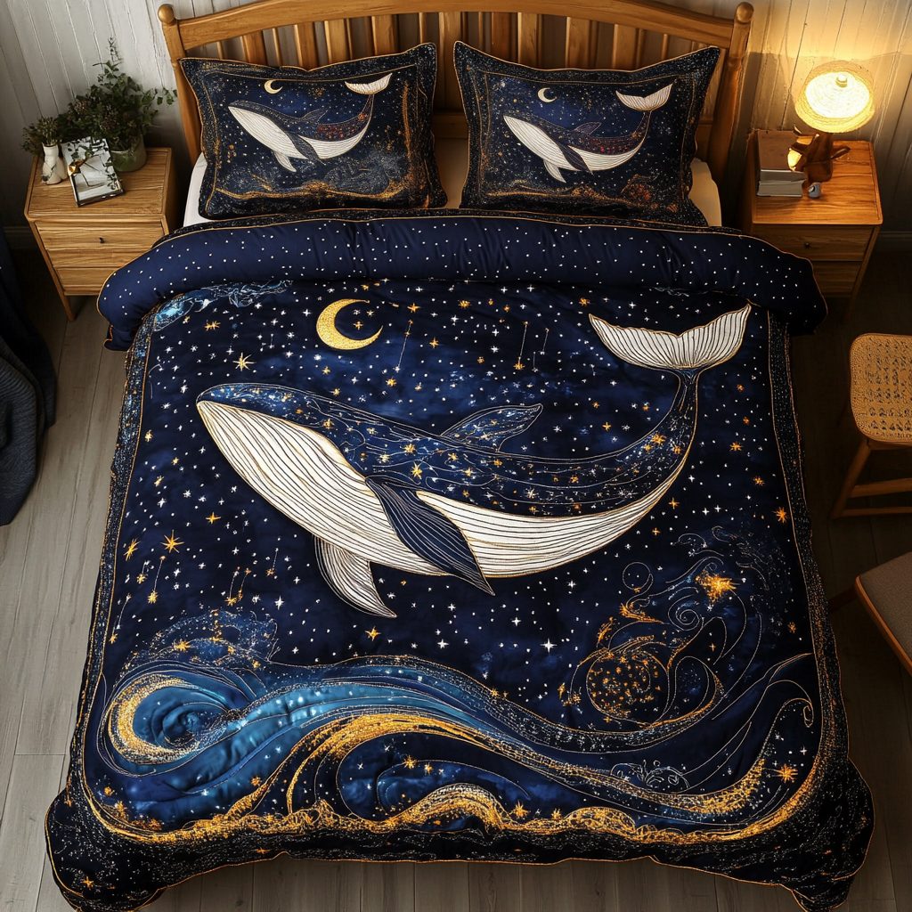 Waves And Whales quilted 3-piece bedding set on a made bed in a light coastal bedroom