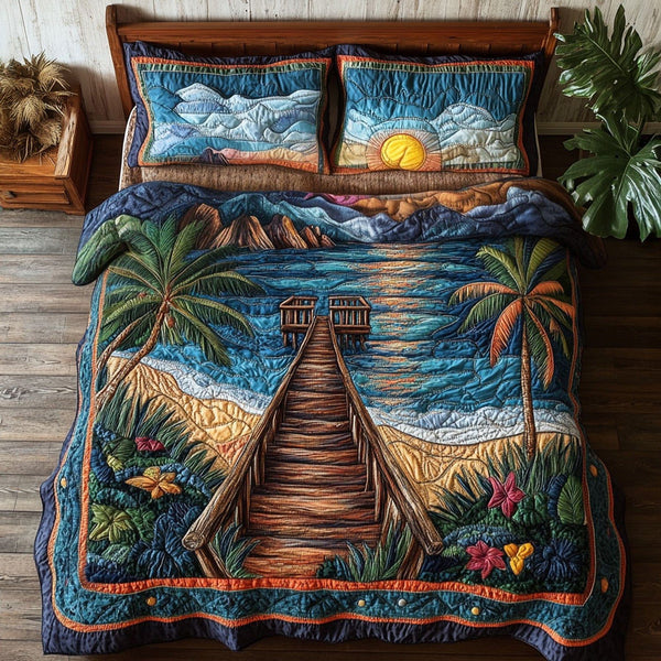 Waves at Dusk quilted 3-piece bedding set on a made bed in a light coastal bedroom