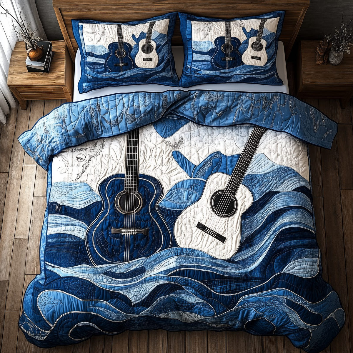 Waves Of Guitar quilted 3-piece bedding set on a made bed in a light coastal bedroom
