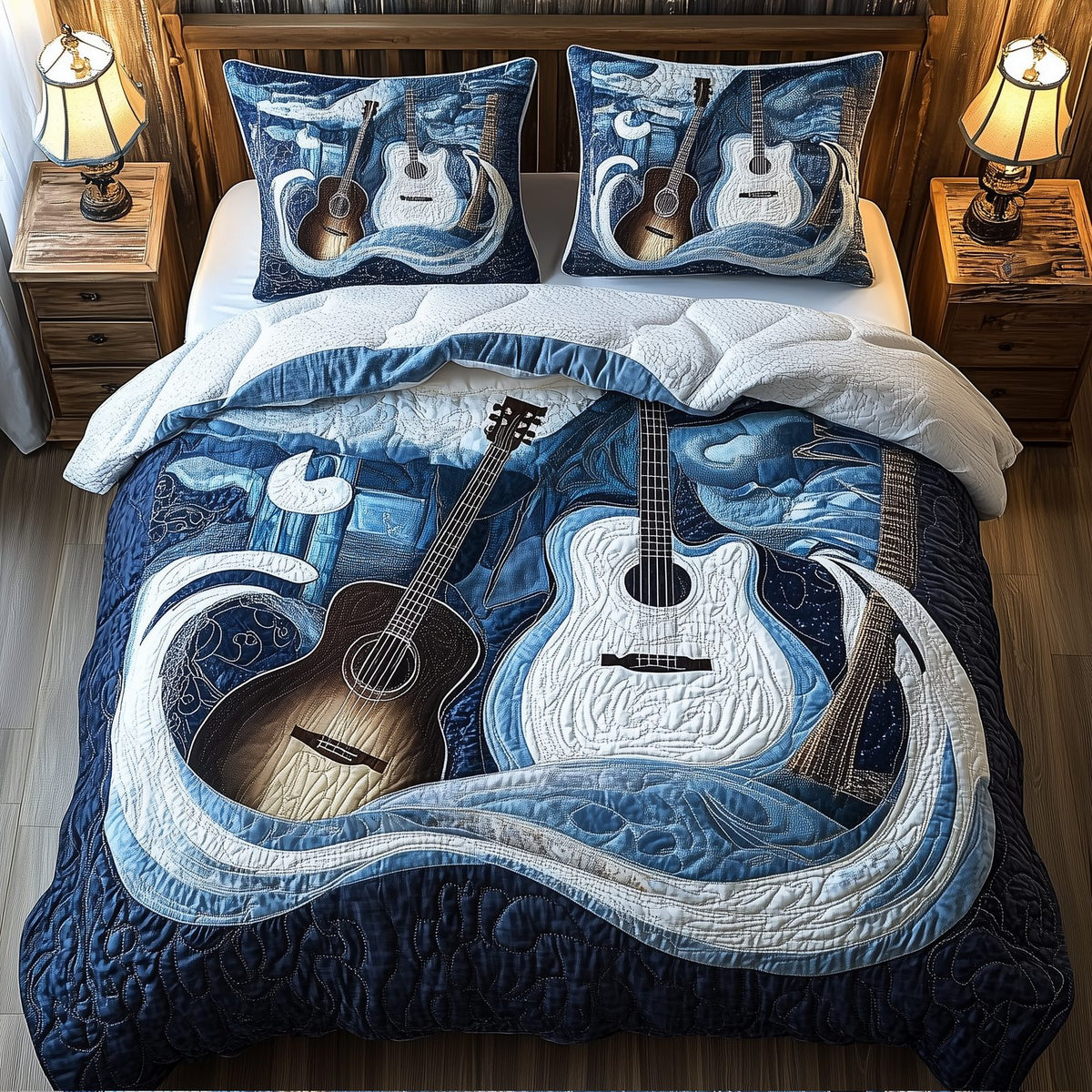Waves Of Guitar quilted 3-piece bedding set on a made bed in a light coastal bedroom