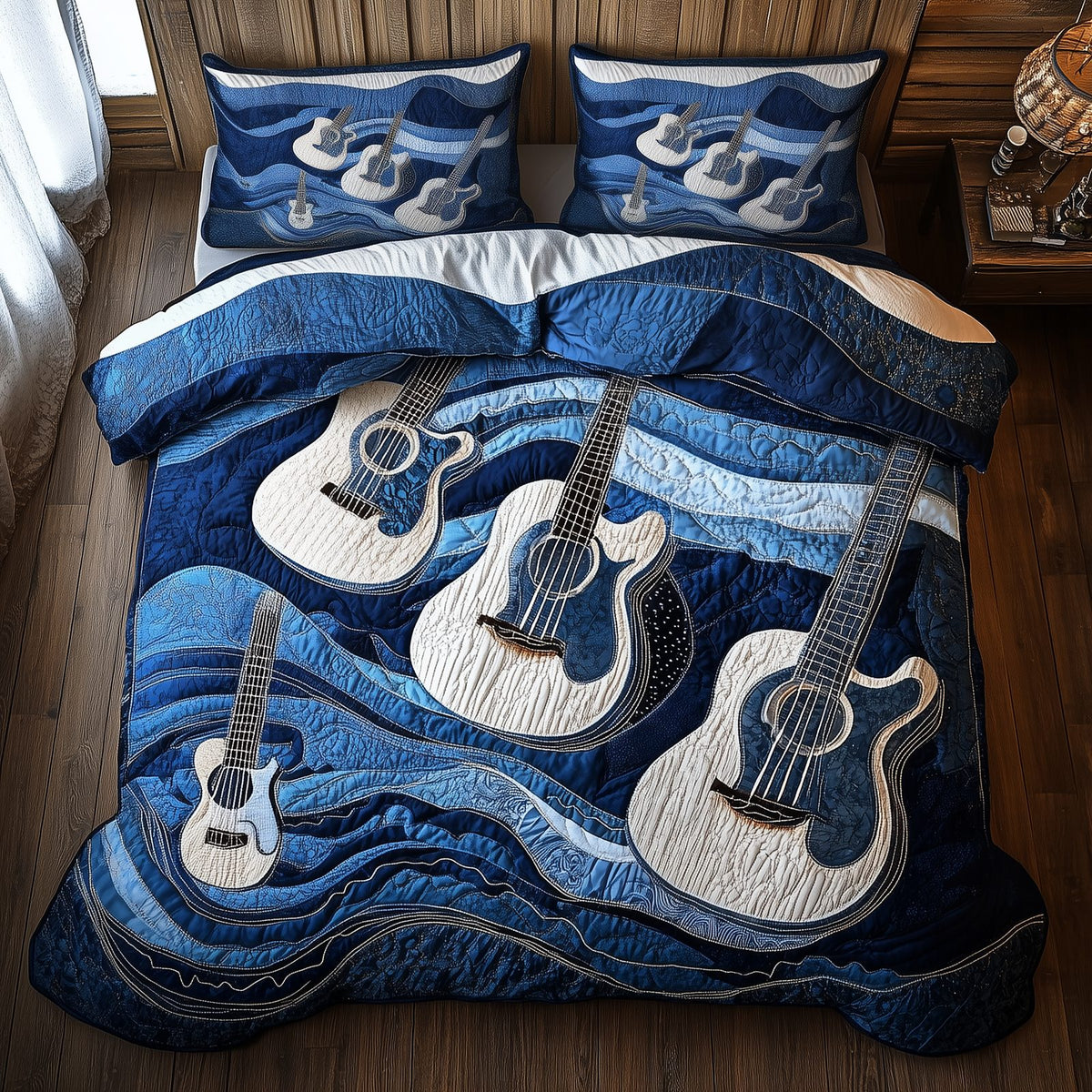 Waves Of Guitar quilted 3-piece bedding set on a made bed in a light coastal bedroom