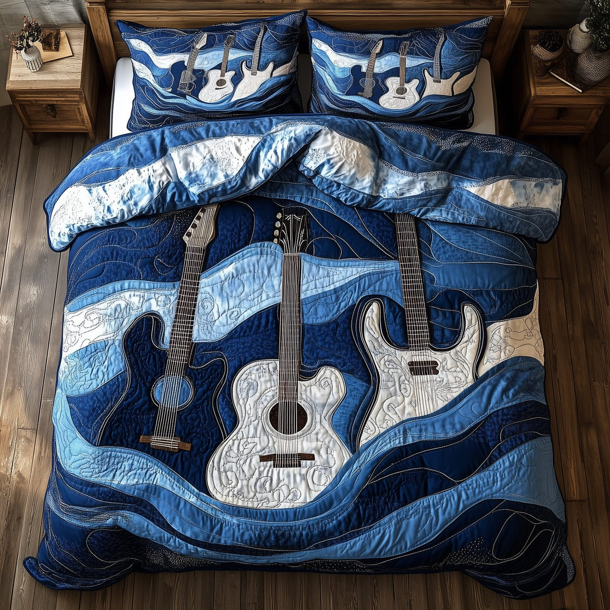 Waves Of Guitar quilted 3-piece bedding set on a made bed in a light coastal bedroom