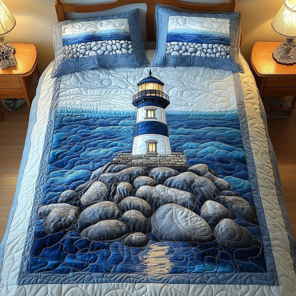 Waves of Light quilted 3-piece bedding set on a made bed in a light coastal bedroom