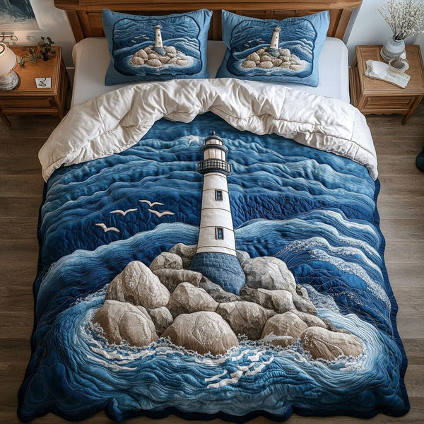 Waves of Tranquility quilted 3-piece bedding set on a made bed in a light coastal bedroom
