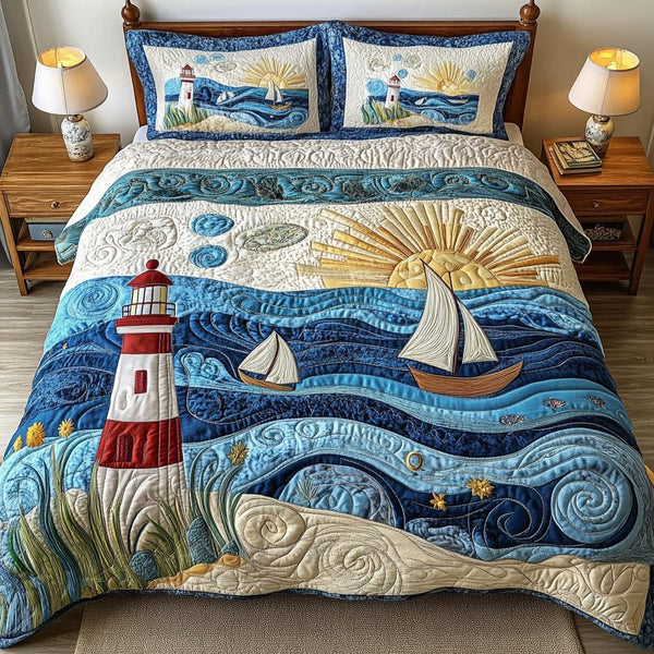 Waves of Tranquility quilted 3-piece bedding set on a made bed in a light coastal bedroom