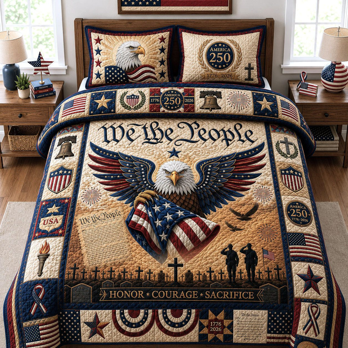 We The People quilted 3-piece bedding set on a made bed with two matching pillow shams