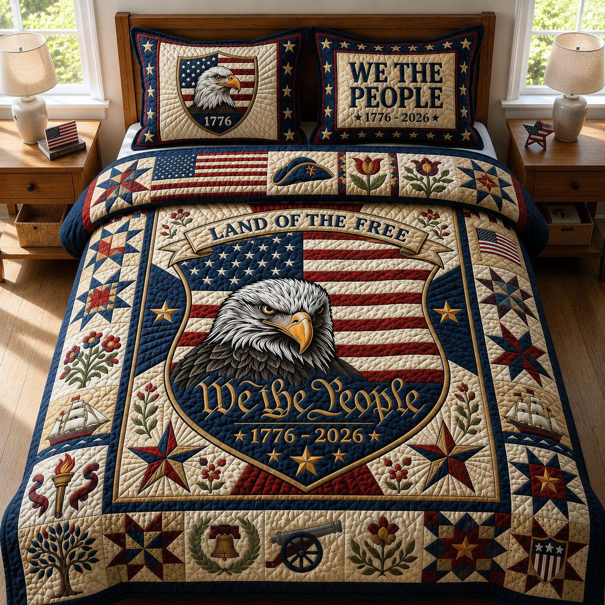 We The People quilted 3-piece bedding set on a made bed with two matching pillow shams