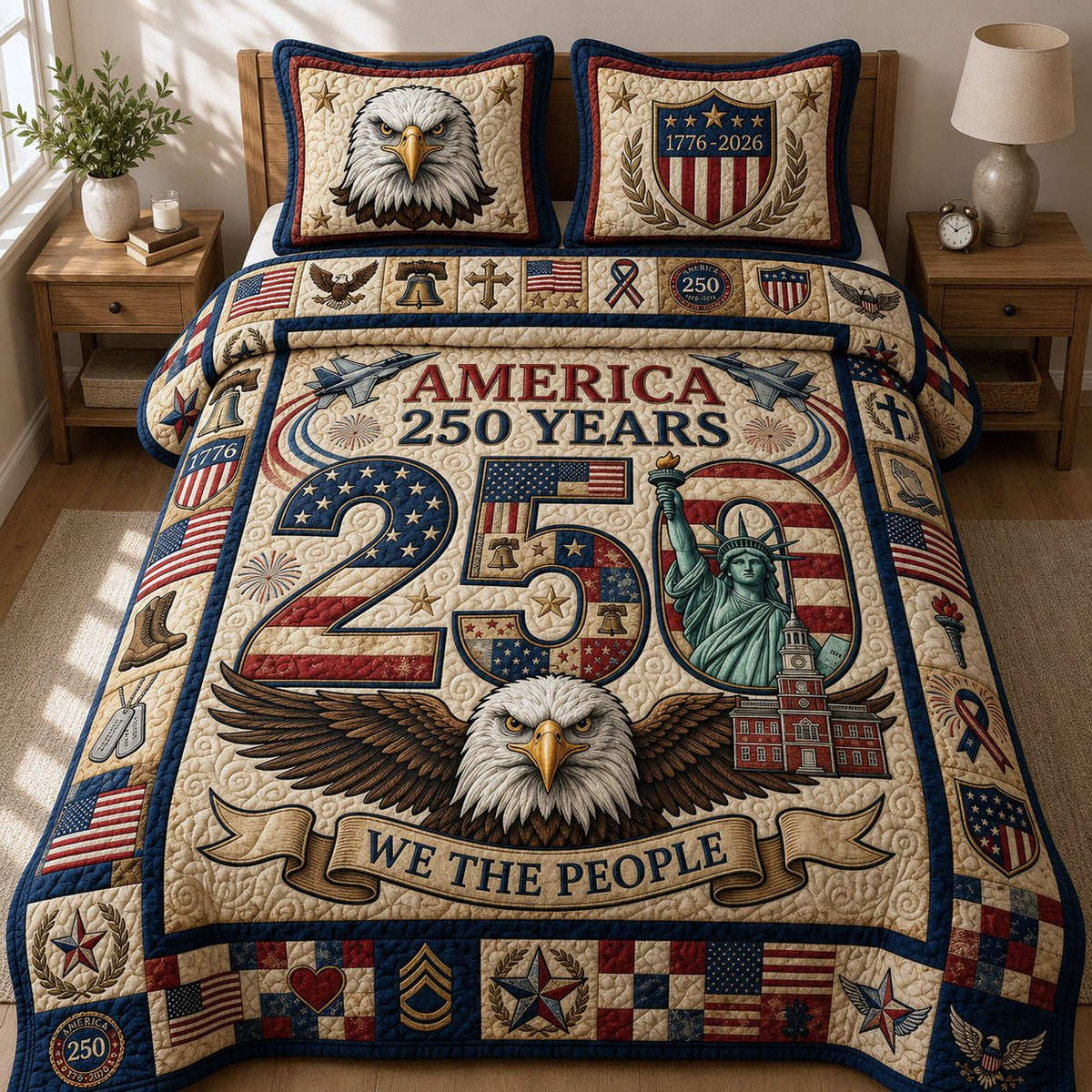 We The People quilted 3-piece bedding set on a made bed with two matching pillow shams