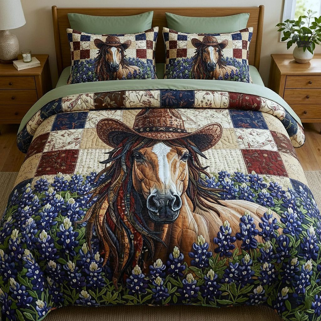Weathered Gallop quilted 3-piece bedding set on a made bed with two matching pillow shams