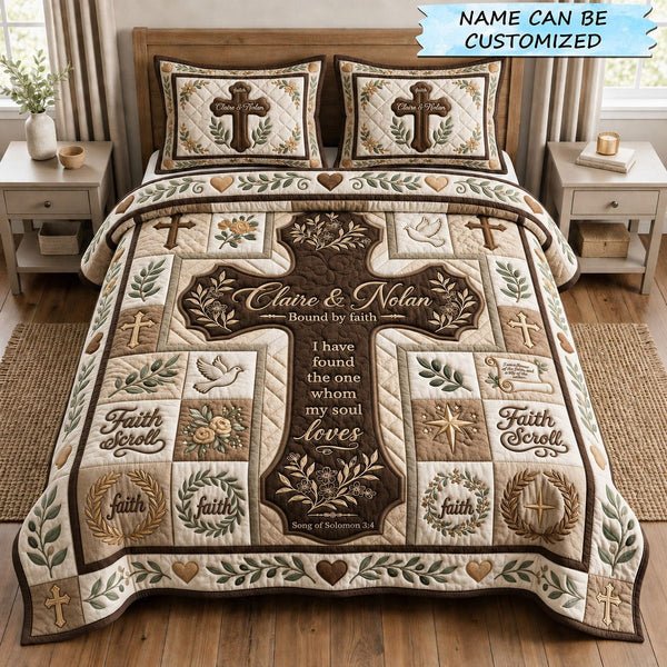 Wedding Cross 3-Piece Quilted Bedding Set QTCUZ quilted 3-piece bedding set on a made bed in a softly lit bedroom