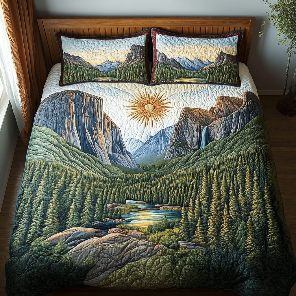 Welcome to Yosemite quilted 3-piece bedding set on a made bed with two matching pillow shams