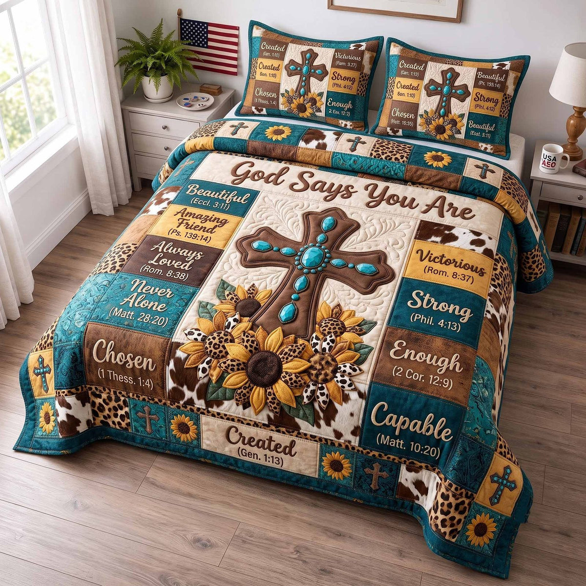 Western Bible quilted 3-piece bedding set on a made bed in a softly lit bedroom